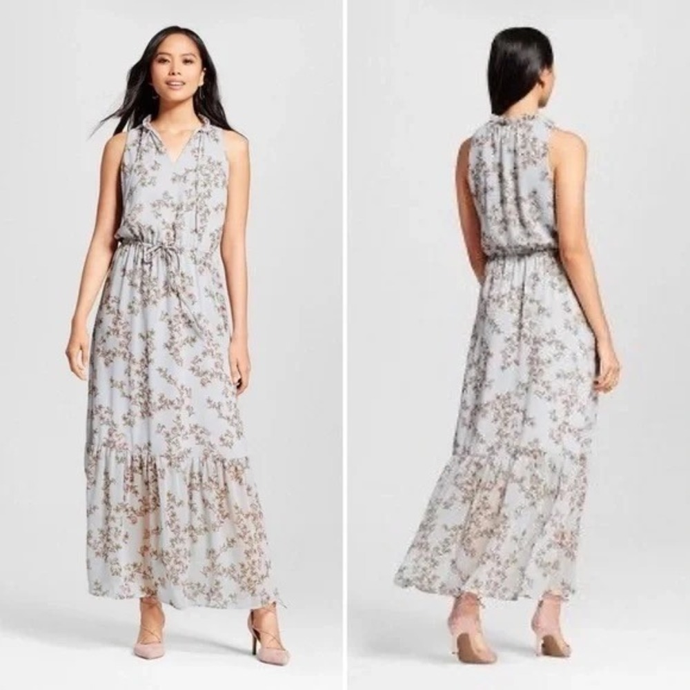 Mossimo Floral Sleeveless Maxi Dress XS Tie Waist Tiered Hem Blue Boho